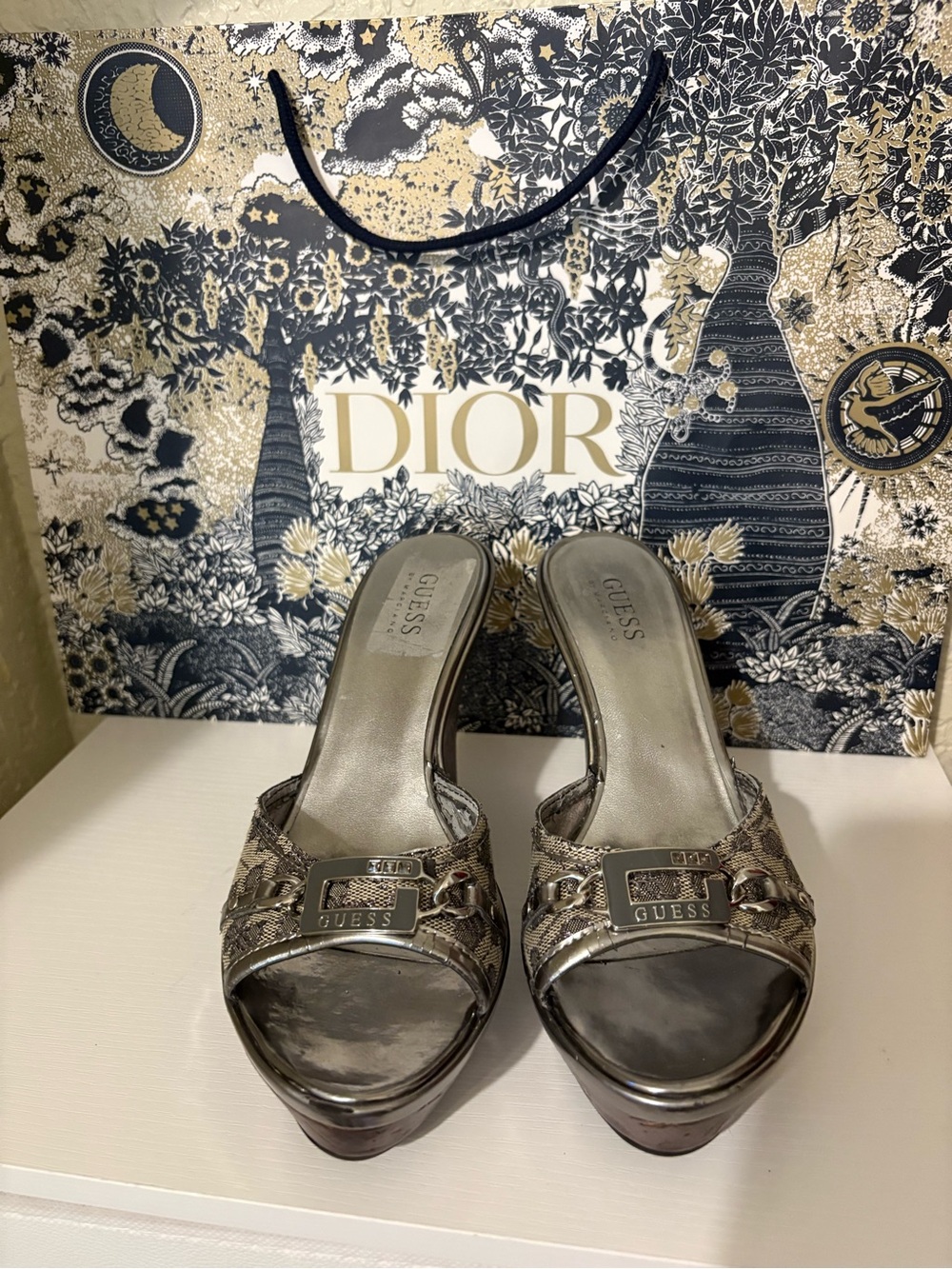 GUESS Silver Metallic Open-Toe Platform Mules